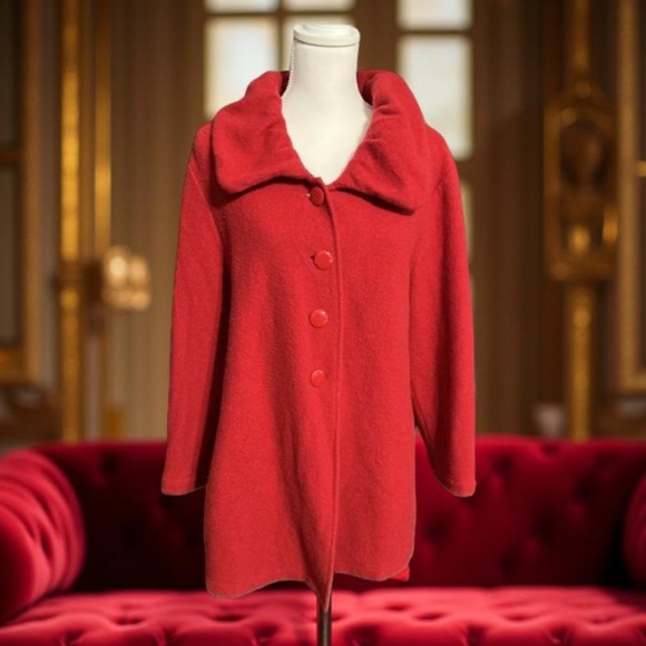 Alfani Red Wool Jacket- Red Wool Coat / round neck button down Size Large - Picture 9 of 12